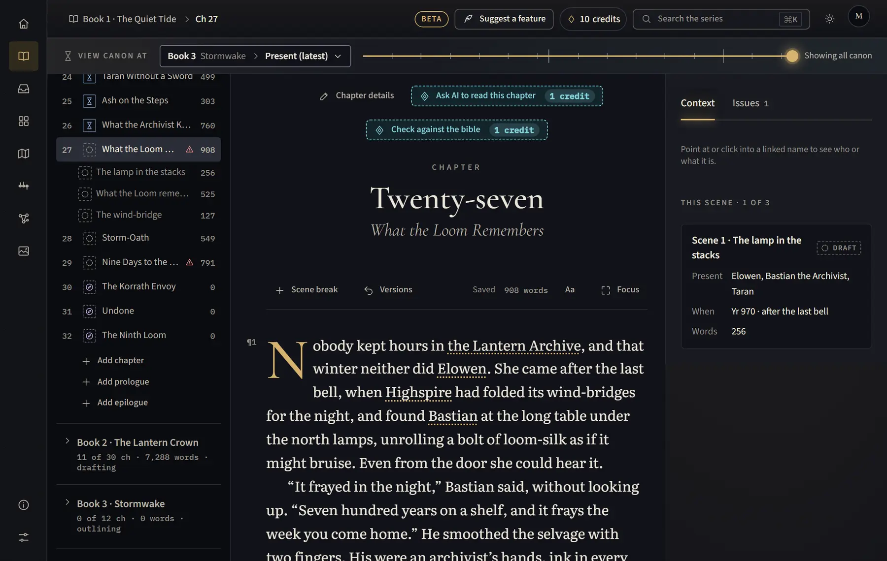 The chapter list with Add chapter, Add prologue and Add epilogue under it.