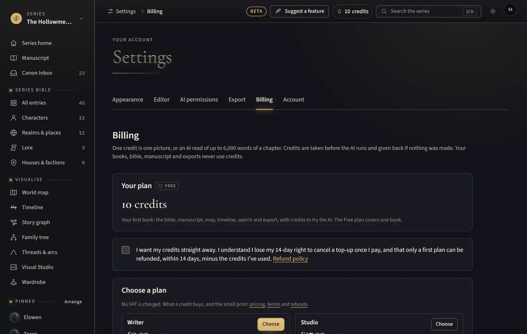 The Billing page with the plans and the top-up packs.