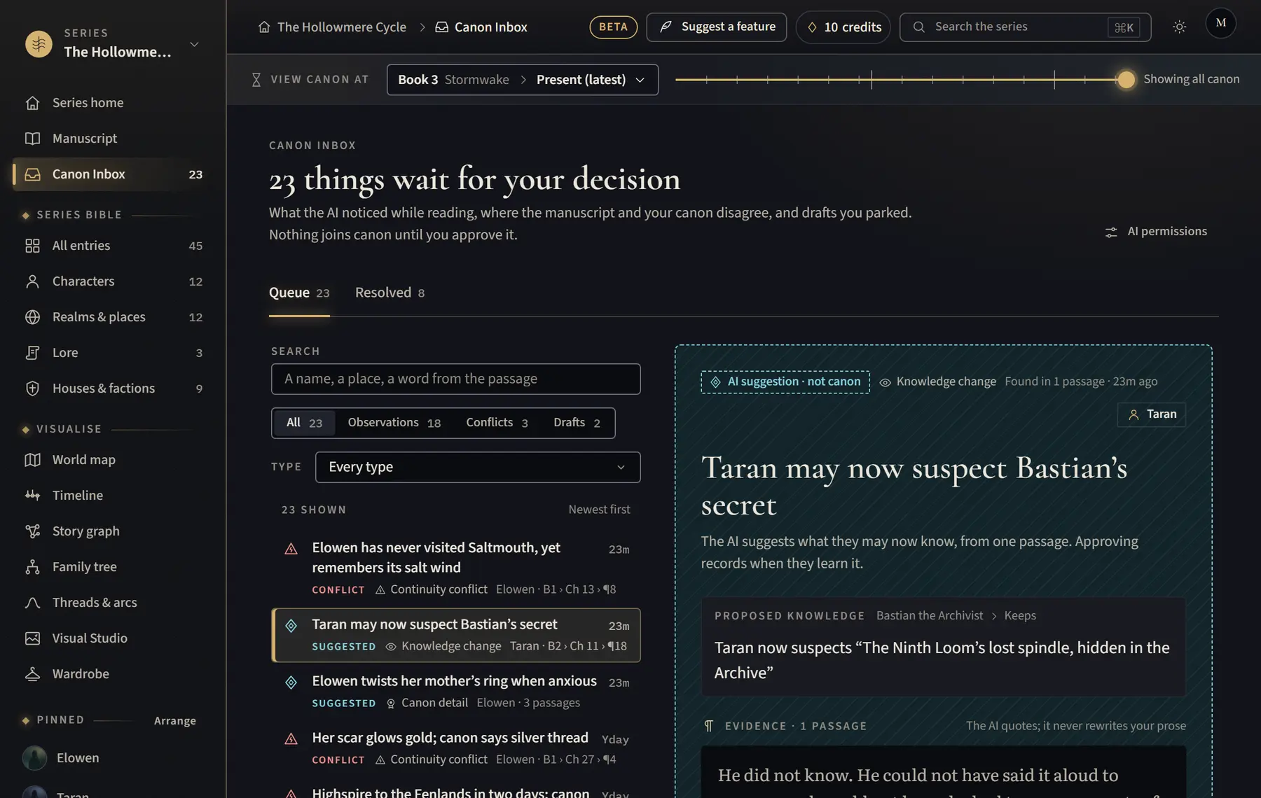 The Canon Inbox: the queue on the left with search and filters, and a suggestion open on the right.