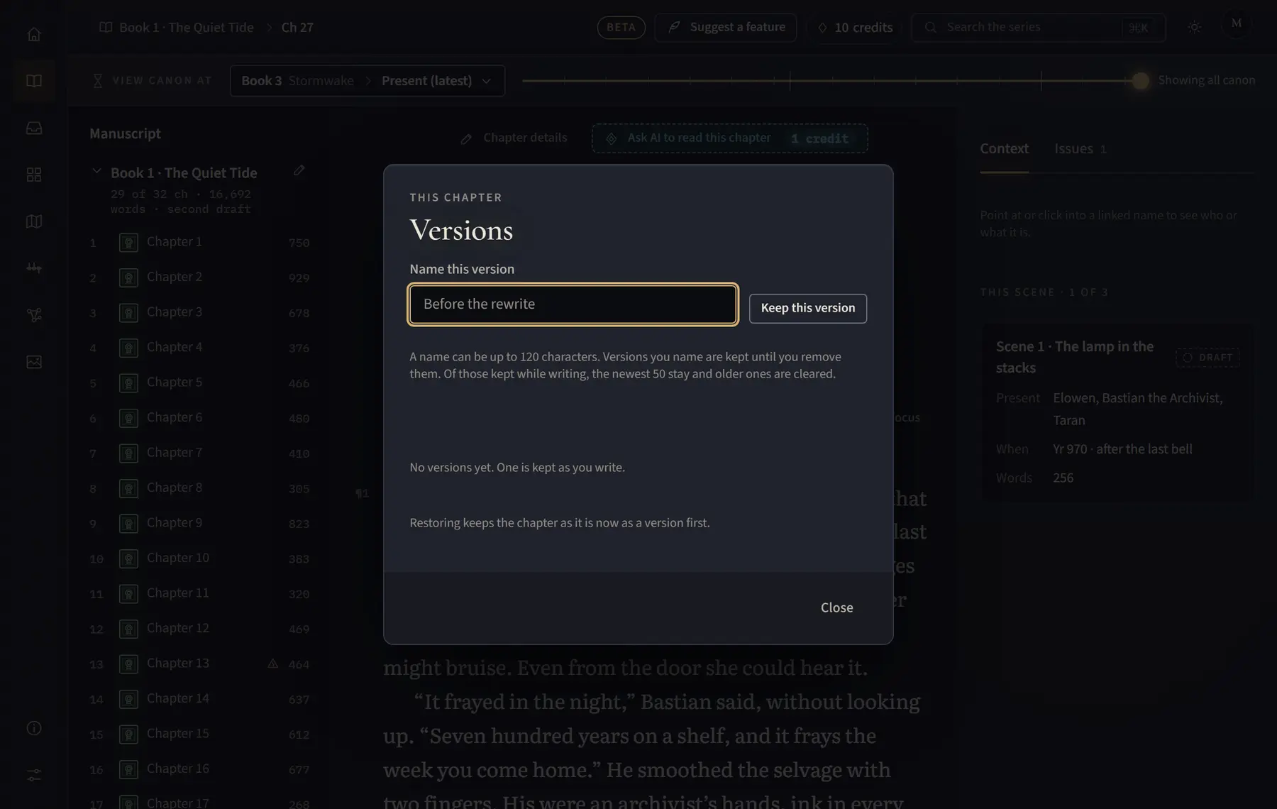 The versions of a chapter, with Keep a version and Restore