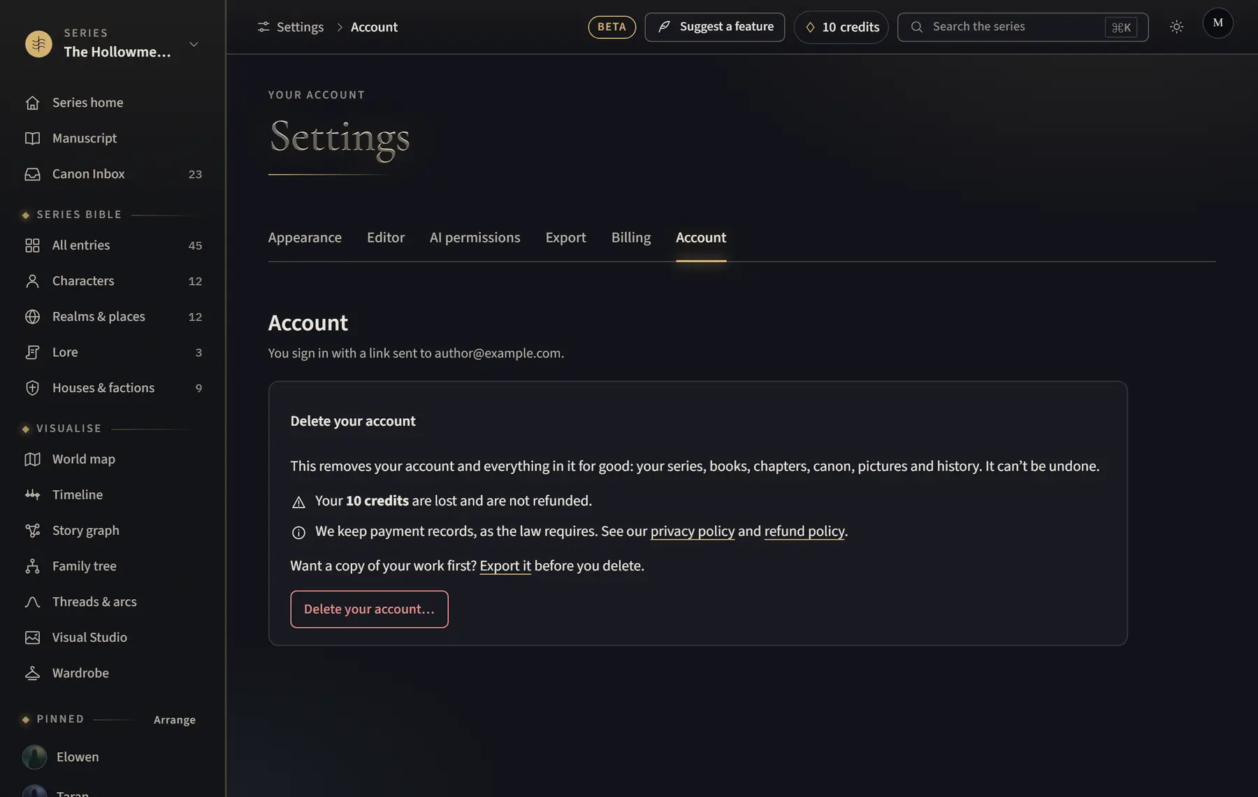 The Account page with Delete your account.