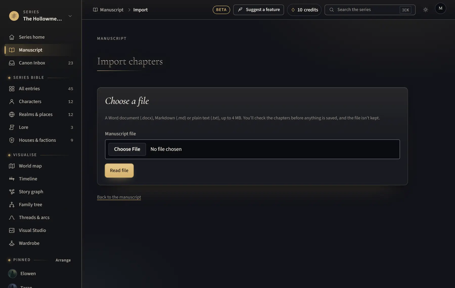 The Import chapters page, ready to choose a manuscript file.