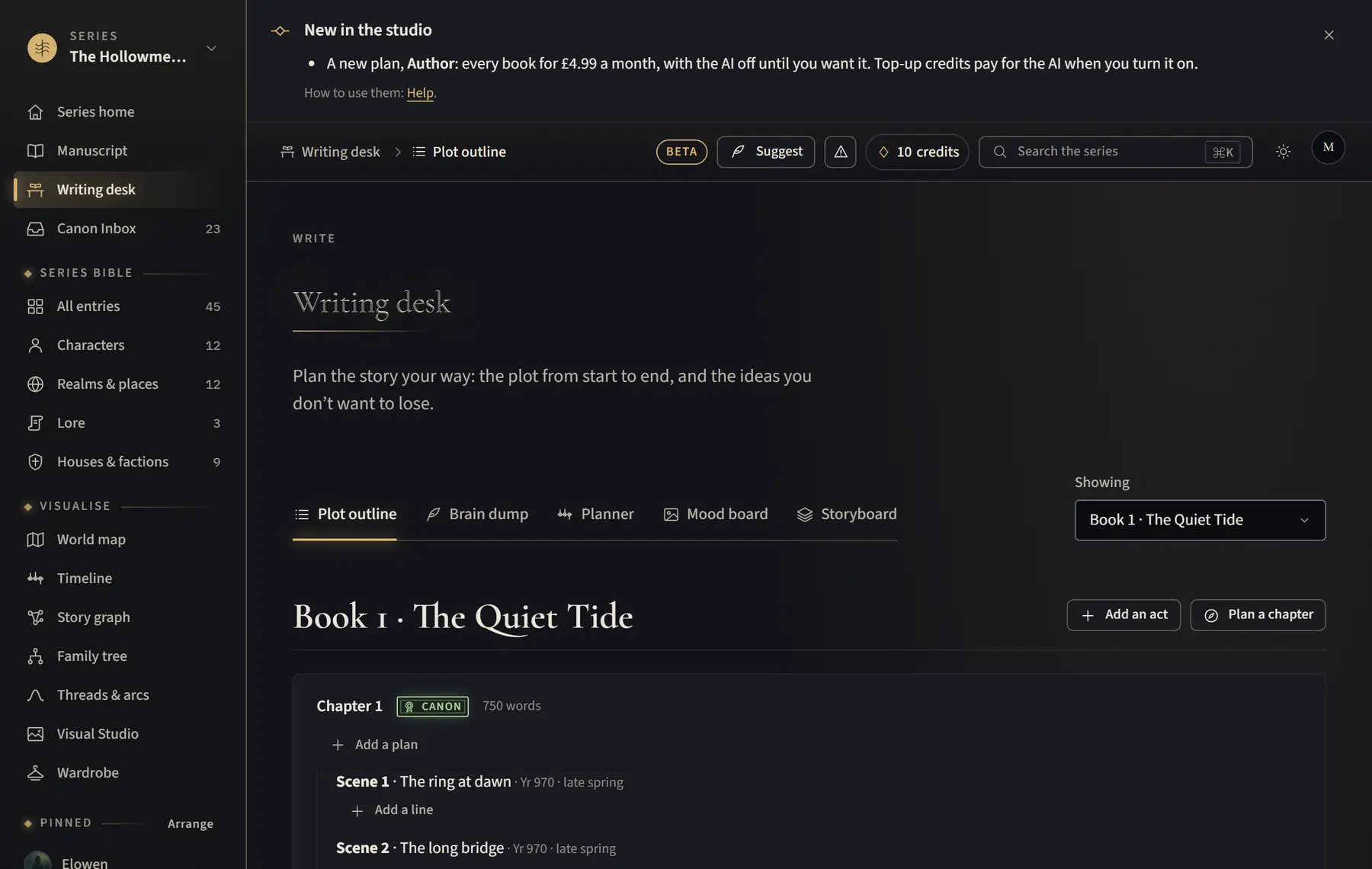 The Plot outline: Book 1 with its chapters, each with a plan, scenes and word counts.