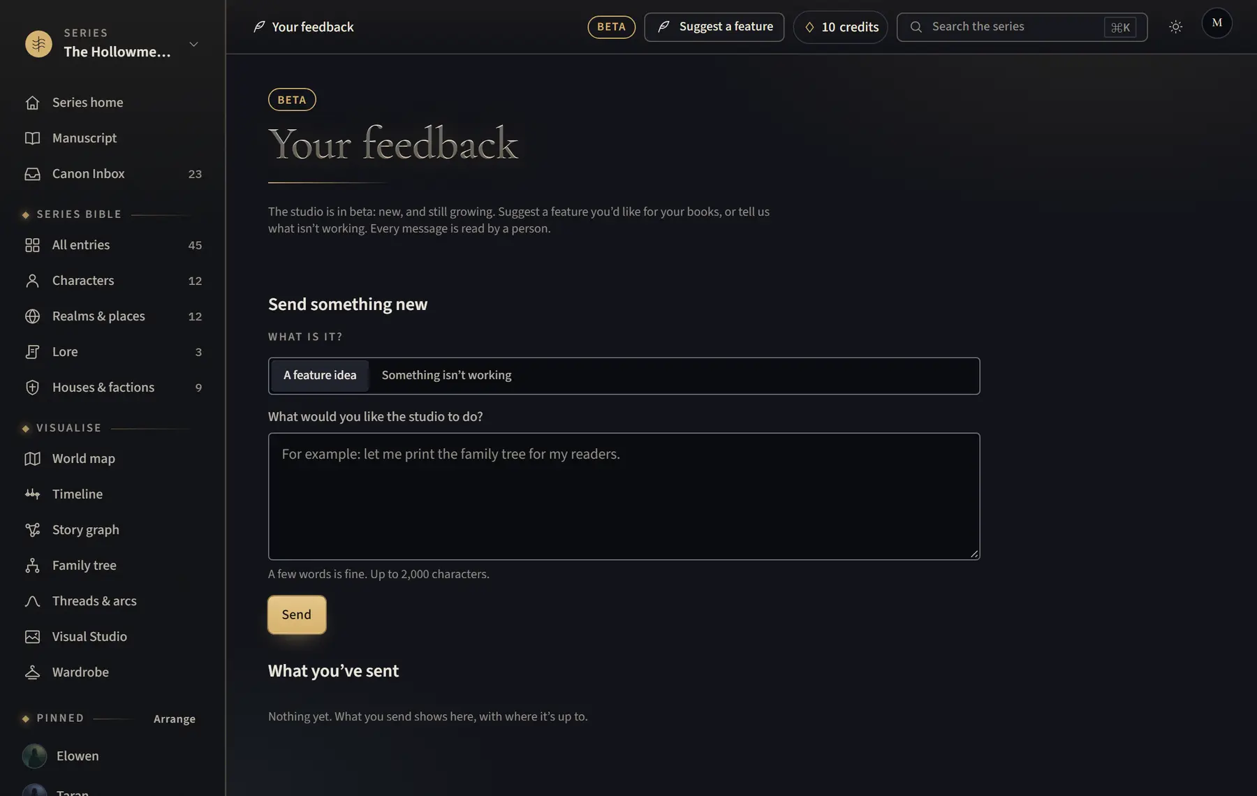 The Your feedback page, with the form and what you have sent.