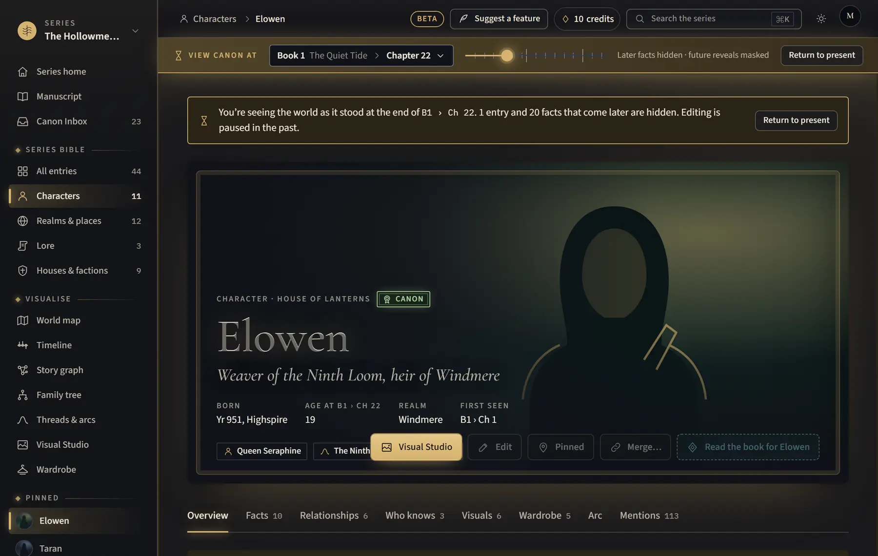 A character page seen as it stood at Book 1, Chapter 22, with Return to present in the bar.