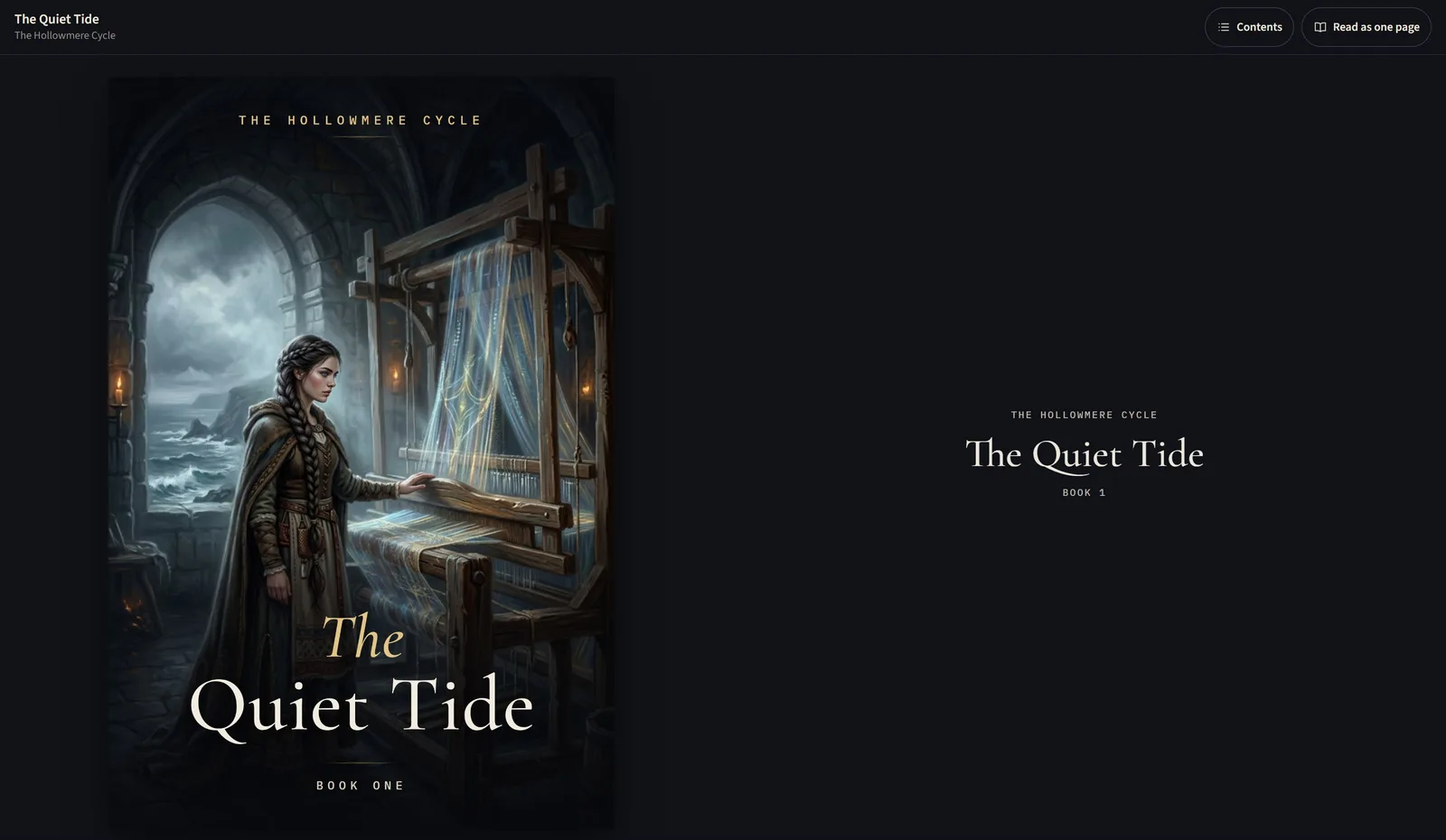 A shared book open on its cover and title page: The Quiet Tide, Book 1 of The Hollowmere Cycle